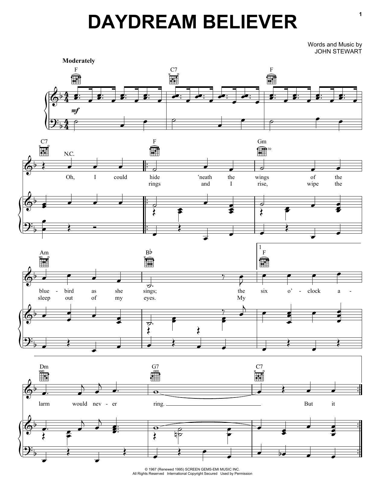 Learn to play The Monkees Daydream Believer sheet music for Piano, Vocal & Guitar (Right-Hand Melody) in minutes. The Monkees Daydream Believer sheet music notes and chords. Download Printable PDF.