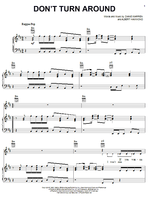 Learn to play Ace Of Base Don't Turn Around sheet music for Piano, Vocal & Guitar (Right-Hand Melody) in minutes. Ace Of Base Don't Turn Around sheet music notes and chords. Download Printable PDF.