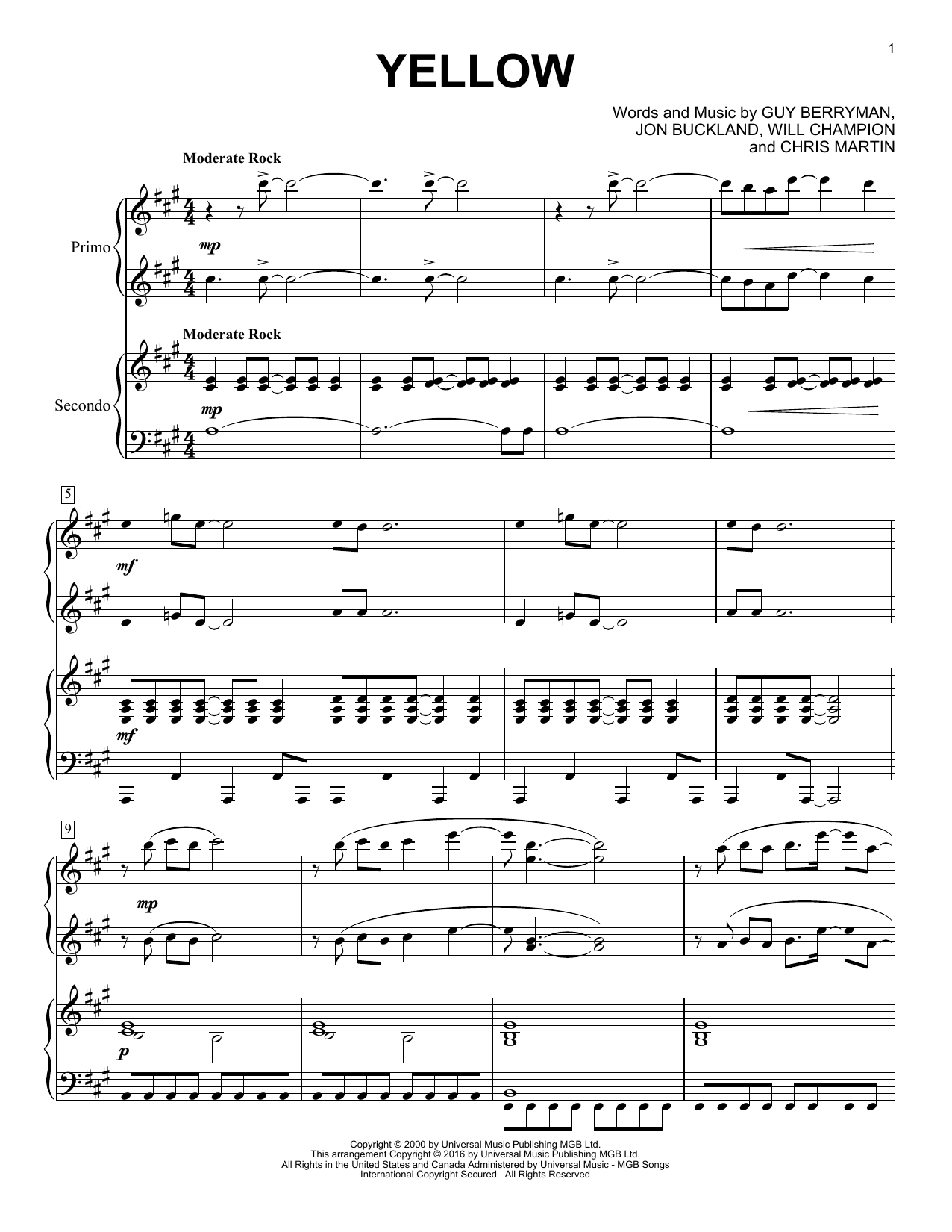 Learn to play Coldplay Yellow sheet music for Piano Duet in minutes. Coldplay Yellow sheet music notes and chords. Download Printable PDF.