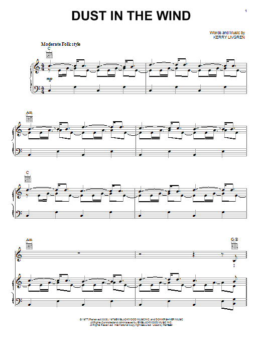 Learn to play Kansas Dust In The Wind sheet music for Piano, Vocal & Guitar (Right-Hand Melody) in minutes. Kansas Dust In The Wind sheet music notes and chords. Download Printable PDF.