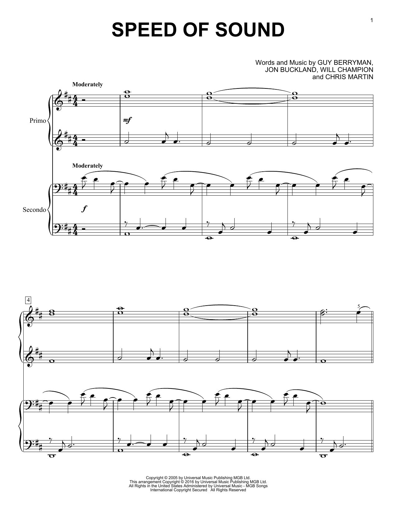 Learn to play Coldplay Speed Of Sound sheet music for Piano Duet in minutes. Coldplay Speed Of Sound sheet music notes and chords. Download Printable PDF.