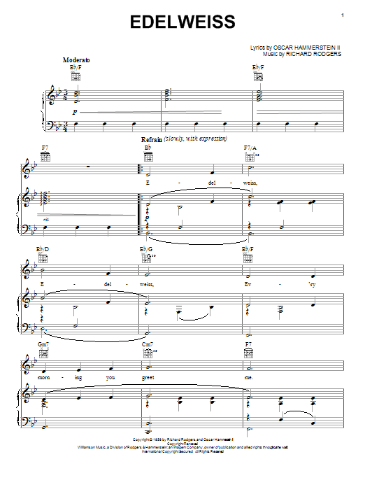 Learn to play Rodgers & Hammerstein Edelweiss sheet music for Piano, Vocal & Guitar (Right-Hand Melody) in minutes. Rodgers & Hammerstein Edelweiss sheet music notes and chords. Download Printable PDF.