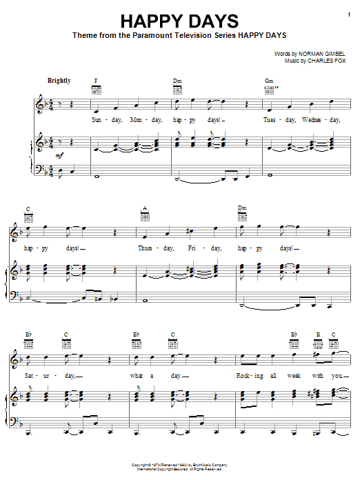 Learn to play Pratt & McClain Happy Days sheet music for Piano, Vocal & Guitar (Right-Hand Melody) in minutes. Pratt & McClain Happy Days sheet music notes and chords. Download Printable PDF.