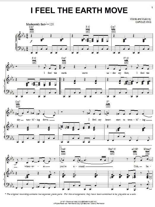 Learn to play Carole King I Feel The Earth Move sheet music for Piano, Vocal & Guitar (Right-Hand Melody) in minutes. Carole King I Feel The Earth Move sheet music notes and chords. Download Printable PDF.