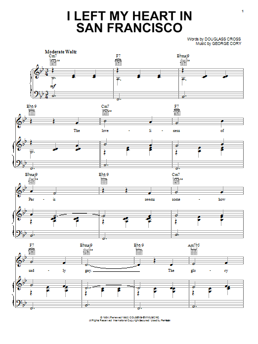 Learn to play Tony Bennett I Left My Heart In San Francisco sheet music for Piano, Vocal & Guitar (Right-Hand Melody) in minutes. Tony Bennett I Left My Heart In San Francisco sheet music notes and chords. Download Printable PDF.