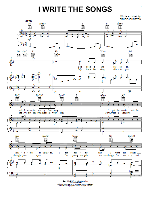 Learn to play Barry Manilow I Write The Songs sheet music for Piano, Vocal & Guitar (Right-Hand Melody) in minutes. Barry Manilow I Write The Songs sheet music notes and chords. Download Printable PDF.
