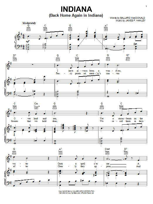 Learn to play Ballard MacDonald Indiana (Back Home Again In Indiana) sheet music for Piano, Vocal & Guitar (Right-Hand Melody) in minutes. Ballard MacDonald Indiana (Back Home Again In Indiana) sheet music notes and chords. Download Printable PDF.