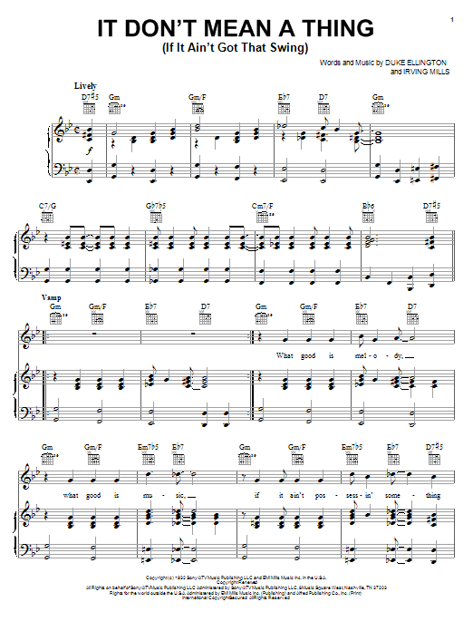 Learn to play Duke Ellington It Don't Mean A Thing (If It Ain't Got That Swing) sheet music for Piano, Vocal & Guitar (Right-Hand Melody) in minutes. Duke Ellington It Don't Mean A Thing (If It Ain't Got That Swing) sheet music notes and chords. Download Printable PDF.
