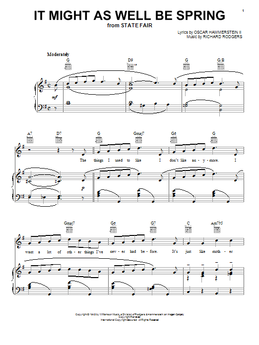 Learn to play Rodgers & Hammerstein It Might As Well Be Spring sheet music for Piano, Vocal & Guitar (Right-Hand Melody) in minutes. Rodgers & Hammerstein It Might As Well Be Spring sheet music notes and chords. Download Printable PDF.