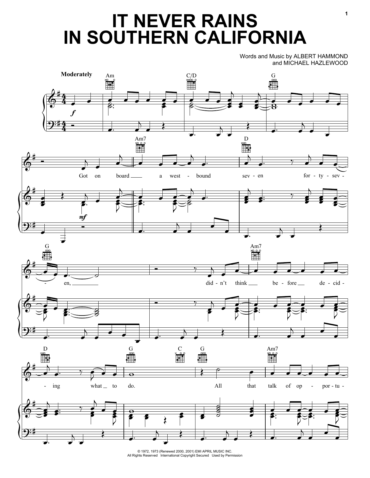 Learn to play Albert Hammond It Never Rains In Southern California sheet music for Piano, Vocal & Guitar (Right-Hand Melody) in minutes. Albert Hammond It Never Rains In Southern California sheet music notes and chords. Download Printable PDF.