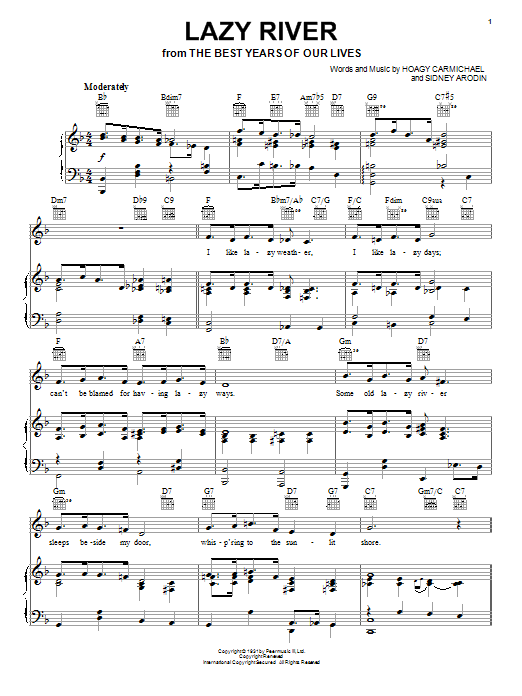 Learn to play Bobby Darin Lazy River sheet music for Piano, Vocal & Guitar (Right-Hand Melody) in minutes. Bobby Darin Lazy River sheet music notes and chords. Download Printable PDF.