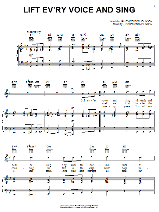 Learn to play J. Rosamond Johnson Lift Ev'ry Voice And Sing sheet music for Piano, Vocal & Guitar (Right-Hand Melody) in minutes. J. Rosamond Johnson Lift Ev'ry Voice And Sing sheet music notes and chords. Download Printable PDF.