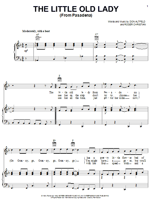Learn to play Jan & Dean The Little Old Lady (From Pasadena) sheet music for Piano, Vocal & Guitar (Right-Hand Melody) in minutes. Jan & Dean The Little Old Lady (From Pasadena) sheet music notes and chords. Download Printable PDF.