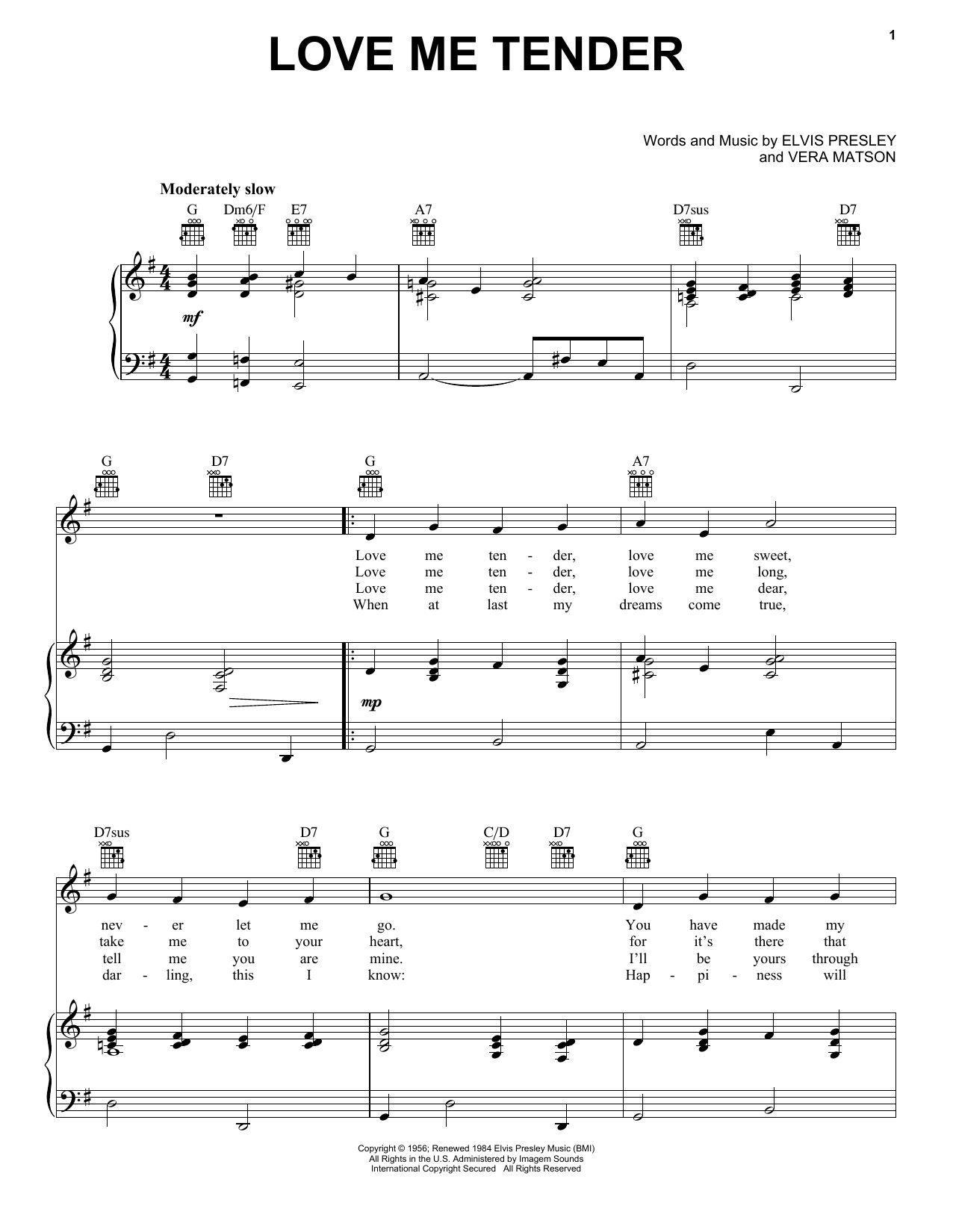 Learn to play Elvis Presley Love Me Tender sheet music for Piano, Vocal & Guitar (Right-Hand Melody) in minutes. Elvis Presley Love Me Tender sheet music notes and chords. Download Printable PDF.