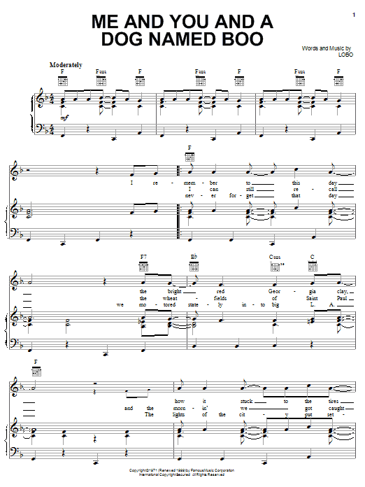 Learn to play Lobo Me And You And A Dog Named Boo sheet music for Piano, Vocal & Guitar (Right-Hand Melody) in minutes. Lobo Me And You And A Dog Named Boo sheet music notes and chords. Download Printable PDF.