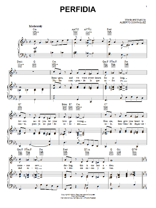Learn to play Alberto Dominguez Perfidia sheet music for Piano, Vocal & Guitar (Right-Hand Melody) in minutes. Alberto Dominguez Perfidia sheet music notes and chords. Download Printable PDF.