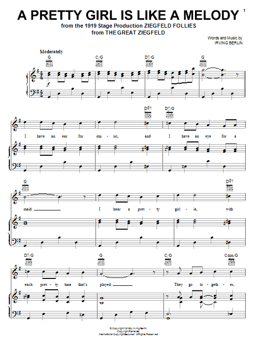 Learn to play Irving Berlin A Pretty Girl Is Like A Melody sheet music for Piano, Vocal & Guitar (Right-Hand Melody) in minutes. Irving Berlin A Pretty Girl Is Like A Melody sheet music notes and chords. Download Printable PDF.