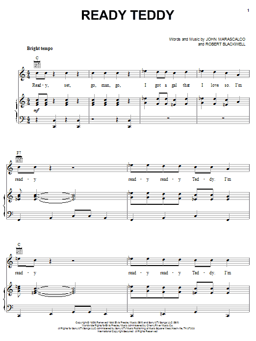 Learn to play Elvis Presley Ready Teddy sheet music for Piano, Vocal & Guitar (Right-Hand Melody) in minutes. Elvis Presley Ready Teddy sheet music notes and chords. Download Printable PDF.
