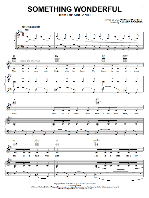 Learn to play Rodgers & Hammerstein Something Wonderful sheet music for Piano, Vocal & Guitar (Right-Hand Melody) in minutes. Rodgers & Hammerstein Something Wonderful sheet music notes and chords. Download Printable PDF.