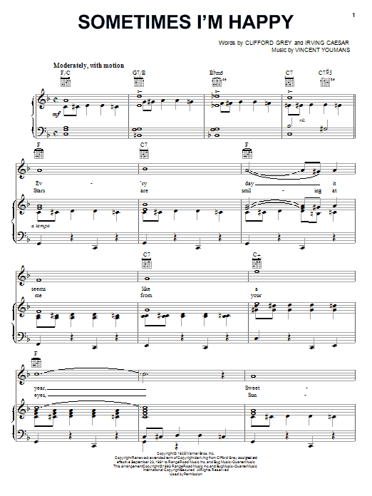 Learn to play Irving Caesar Sometimes I'm Happy sheet music for Piano, Vocal & Guitar (Right-Hand Melody) in minutes. Irving Caesar Sometimes I'm Happy sheet music notes and chords. Download Printable PDF.