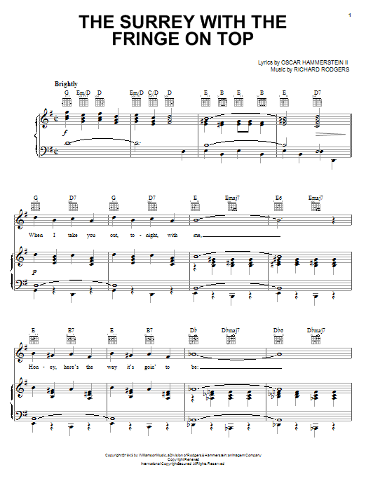 Learn to play Rodgers & Hammerstein The Surrey With The Fringe On Top sheet music for Piano, Vocal & Guitar (Right-Hand Melody) in minutes. Rodgers & Hammerstein The Surrey With The Fringe On Top sheet music notes and chords. Download Printable PDF.