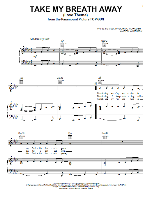 Learn to play Berlin Take My Breath Away (Love Theme) sheet music for Piano, Vocal & Guitar (Right-Hand Melody) in minutes. Berlin Take My Breath Away (Love Theme) sheet music notes and chords. Download Printable PDF.