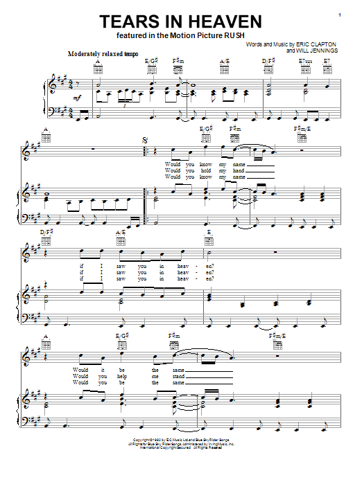Learn to play Eric Clapton Tears In Heaven sheet music for Piano, Vocal & Guitar (Right-Hand Melody) in minutes. Eric Clapton Tears In Heaven sheet music notes and chords. Download Printable PDF.