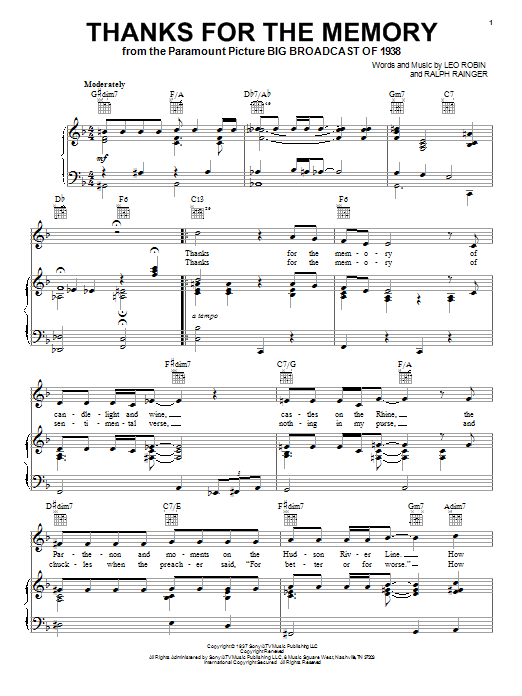 Learn to play Bob Hope Thanks For The Memory sheet music for Piano, Vocal & Guitar (Right-Hand Melody) in minutes. Bob Hope Thanks For The Memory sheet music notes and chords. Download Printable PDF.
