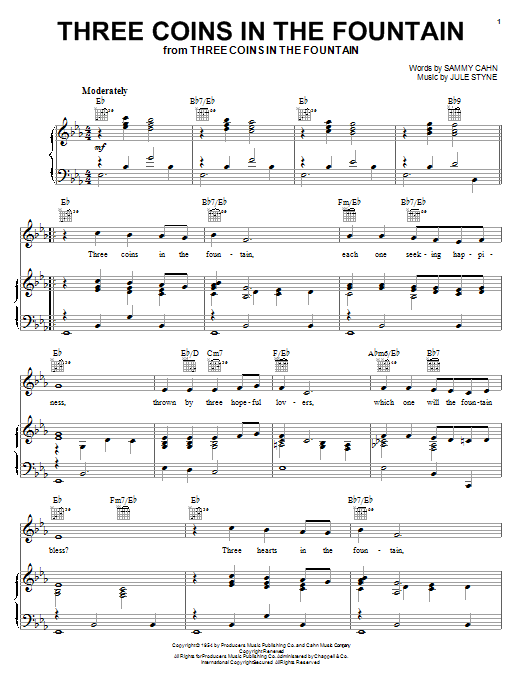 Learn to play Frank Sinatra Three Coins In The Fountain sheet music for Piano, Vocal & Guitar (Right-Hand Melody) in minutes. Frank Sinatra Three Coins In The Fountain sheet music notes and chords. Download Printable PDF.