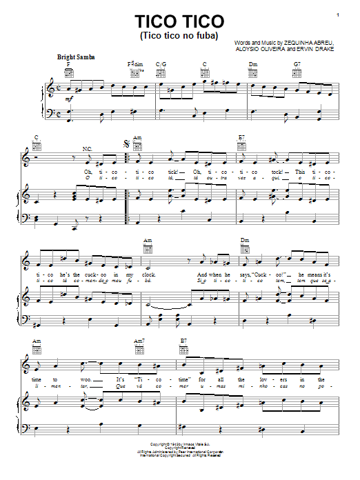Learn to play Carmen Miranda Tico Tico (Tico Tico No Fuba) sheet music for Piano, Vocal & Guitar (Right-Hand Melody) in minutes. Carmen Miranda Tico Tico (Tico Tico No Fuba) sheet music notes and chords. Download Printable PDF.