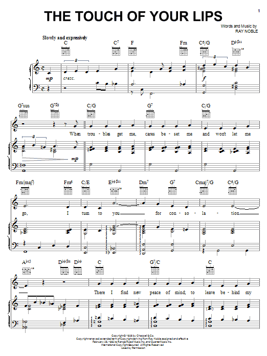 Learn to play Ray Noble The Touch Of Your Lips sheet music for Piano, Vocal & Guitar (Right-Hand Melody) in minutes. Ray Noble The Touch Of Your Lips sheet music notes and chords. Download Printable PDF.