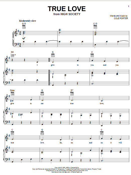 Learn to play Bing Crosby True Love sheet music for Piano, Vocal & Guitar (Right-Hand Melody) in minutes. Bing Crosby True Love sheet music notes and chords. Download Printable PDF.