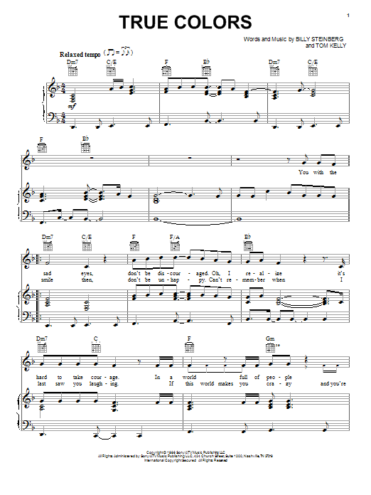 Learn to play Cyndi Lauper True Colors sheet music for Piano, Vocal & Guitar (Right-Hand Melody) in minutes. Cyndi Lauper True Colors sheet music notes and chords. Download Printable PDF.