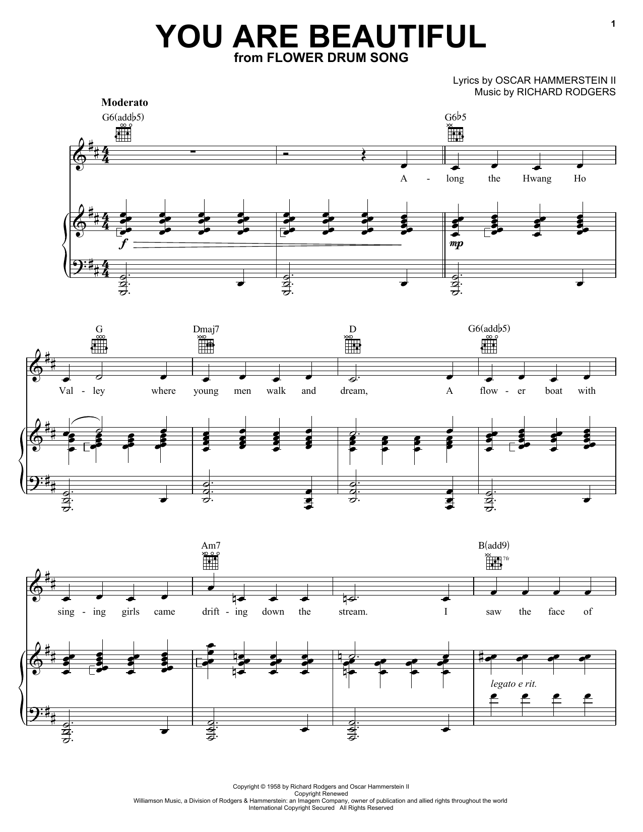 Learn to play Rodgers & Hammerstein You Are Beautiful sheet music for Piano, Vocal & Guitar (Right-Hand Melody) in minutes. Rodgers & Hammerstein You Are Beautiful sheet music notes and chords. Download Printable PDF.