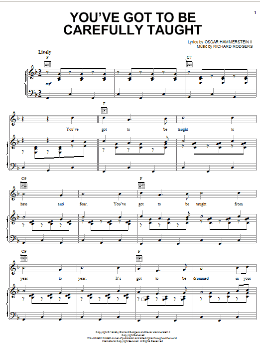 Learn to play Rodgers & Hammerstein You've Got To Be Carefully Taught sheet music for Piano, Vocal & Guitar (Right-Hand Melody) in minutes. Rodgers & Hammerstein You've Got To Be Carefully Taught sheet music notes and chords. Download Printable PDF.