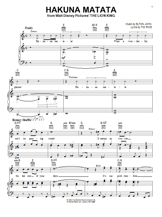 Learn to play Elton John Hakuna Matata sheet music for Piano, Vocal & Guitar (Right-Hand Melody) in minutes. Elton John Hakuna Matata sheet music notes and chords. Download Printable PDF.