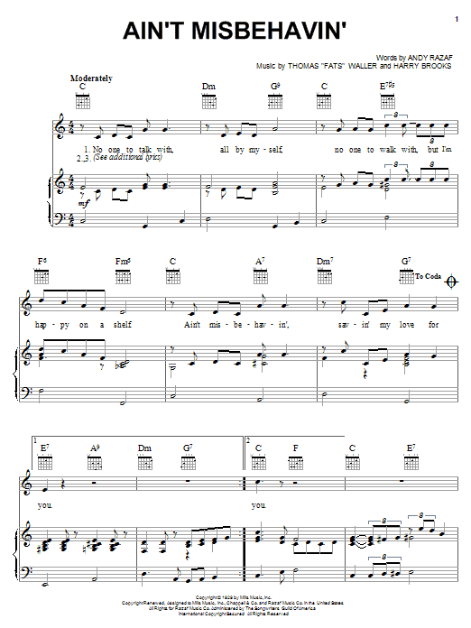Learn to play Fats Waller Ain't Misbehavin' sheet music for Piano, Vocal & Guitar (Right-Hand Melody) in minutes. Fats Waller Ain't Misbehavin' sheet music notes and chords. Download Printable PDF.