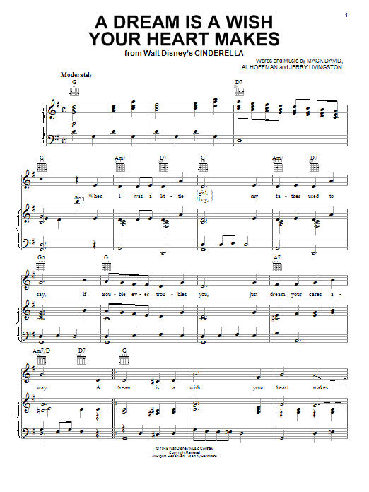 Learn to play Ilene Woods A Dream Is A Wish Your Heart Makes sheet music for Piano, Vocal & Guitar (Right-Hand Melody) in minutes. Ilene Woods A Dream Is A Wish Your Heart Makes sheet music notes and chords. Download Printable PDF.
