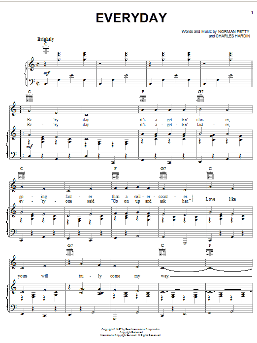 Learn to play Buddy Holly Everyday sheet music for Piano, Vocal & Guitar (Right-Hand Melody) in minutes. Buddy Holly Everyday sheet music notes and chords. Download Printable PDF.