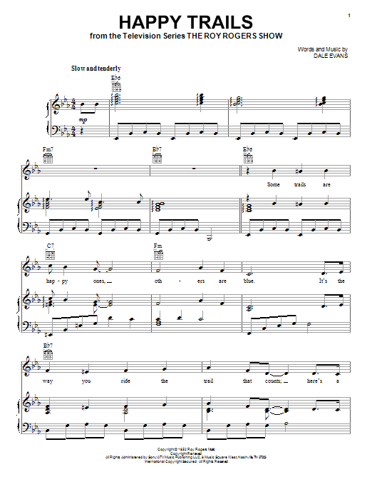 Learn to play Roy Rogers Happy Trails sheet music for Piano, Vocal & Guitar (Right-Hand Melody) in minutes. Roy Rogers Happy Trails sheet music notes and chords. Download Printable PDF.