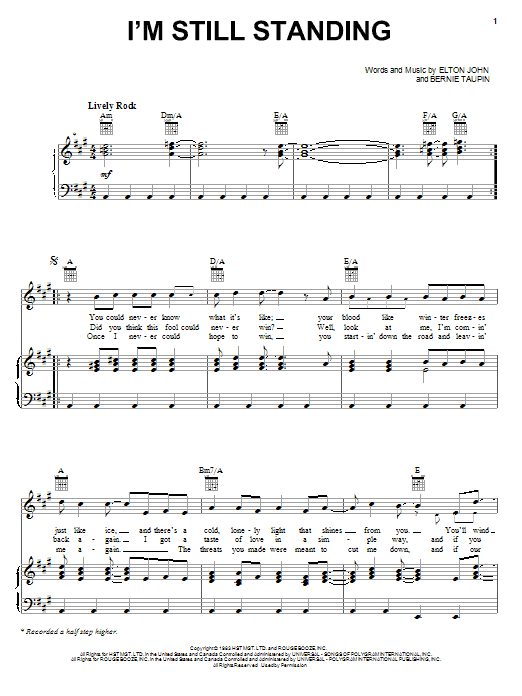 Learn to play Elton John I'm Still Standing sheet music for Piano, Vocal & Guitar (Right-Hand Melody) in minutes. Elton John I'm Still Standing sheet music notes and chords. Download Printable PDF.