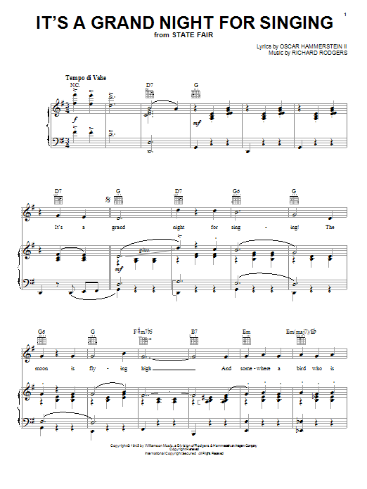 Learn to play Rodgers & Hammerstein It's A Grand Night For Singing sheet music for Piano, Vocal & Guitar (Right-Hand Melody) in minutes. Rodgers & Hammerstein It's A Grand Night For Singing sheet music notes and chords. Download Printable PDF.