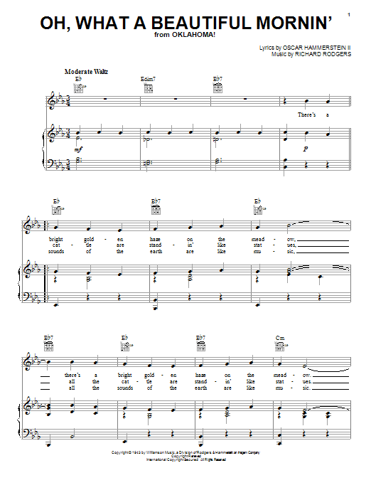 Learn to play Rodgers & Hammerstein Oh, What A Beautiful Mornin' sheet music for Piano, Vocal & Guitar (Right-Hand Melody) in minutes. Rodgers & Hammerstein Oh, What A Beautiful Mornin' sheet music notes and chords. Download Printable PDF.