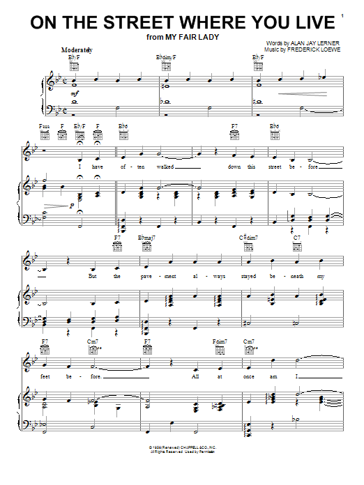 Learn to play Lerner & Loewe On The Street Where You Live sheet music for Piano, Vocal & Guitar (Right-Hand Melody) in minutes. Lerner & Loewe On The Street Where You Live sheet music notes and chords. Download Printable PDF.