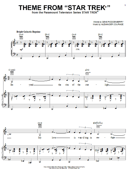 Learn to play Alexander Courage Theme from Star Trek(R) sheet music for Piano, Vocal & Guitar (Right-Hand Melody) in minutes. Alexander Courage Theme from Star Trek(R) sheet music notes and chords. Download Printable PDF.