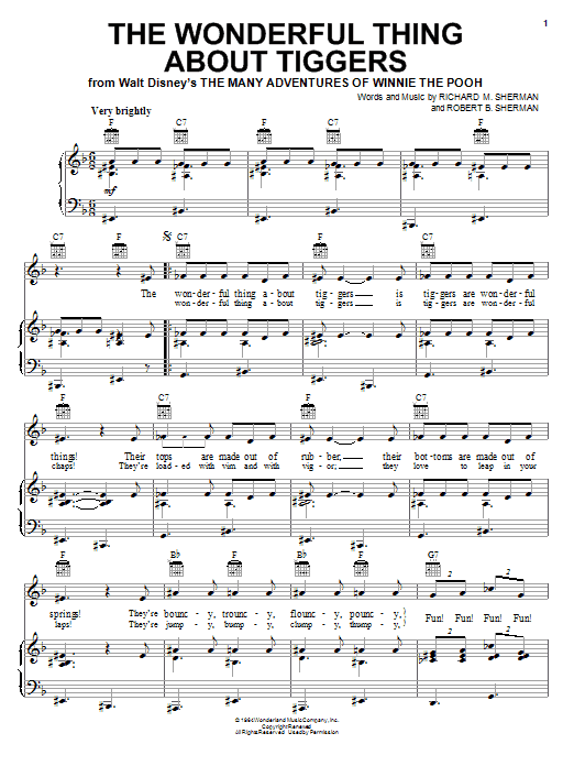 Learn to play Sherman Brothers The Wonderful Thing About Tiggers sheet music for Piano, Vocal & Guitar (Right-Hand Melody) in minutes. Sherman Brothers The Wonderful Thing About Tiggers sheet music notes and chords. Download Printable PDF.