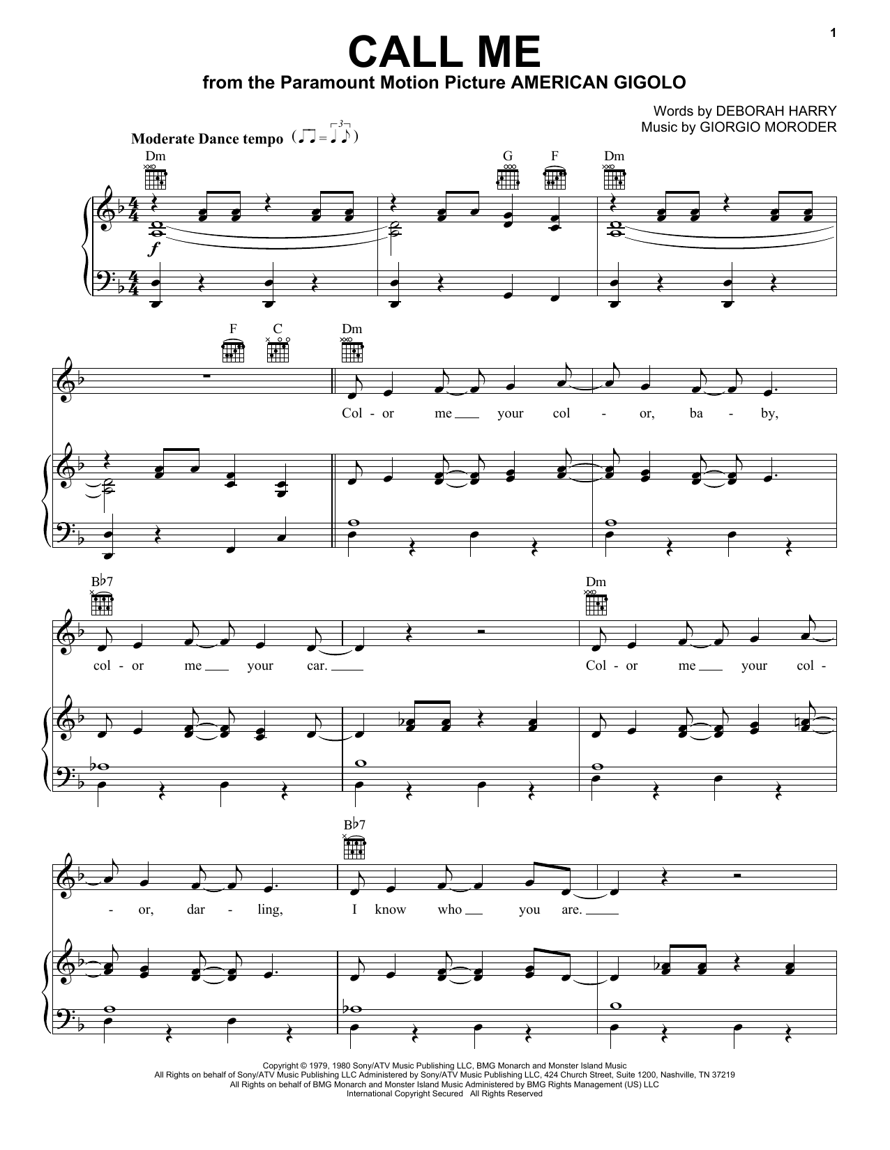 Learn to play Blondie Call Me sheet music for Piano, Vocal & Guitar (Right-Hand Melody) in minutes. Blondie Call Me sheet music notes and chords. Download Printable PDF.