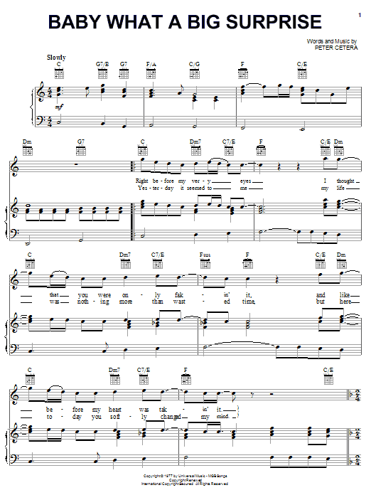 Learn to play Chicago Baby What A Big Surprise sheet music for Piano, Vocal & Guitar (Right-Hand Melody) in minutes. Chicago Baby What A Big Surprise sheet music notes and chords. Download Printable PDF.