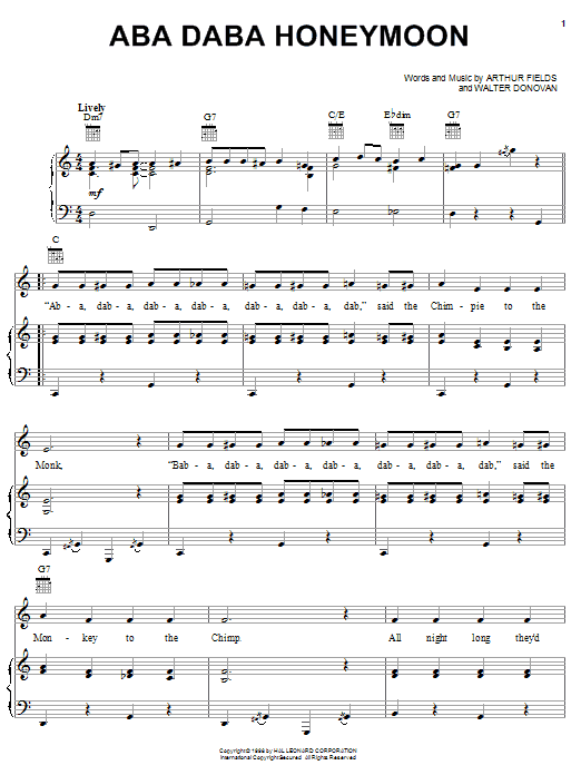 Learn to play Arthur Fields Aba Daba Honeymoon sheet music for Piano, Vocal & Guitar (Right-Hand Melody) in minutes. Arthur Fields Aba Daba Honeymoon sheet music notes and chords. Download Printable PDF.