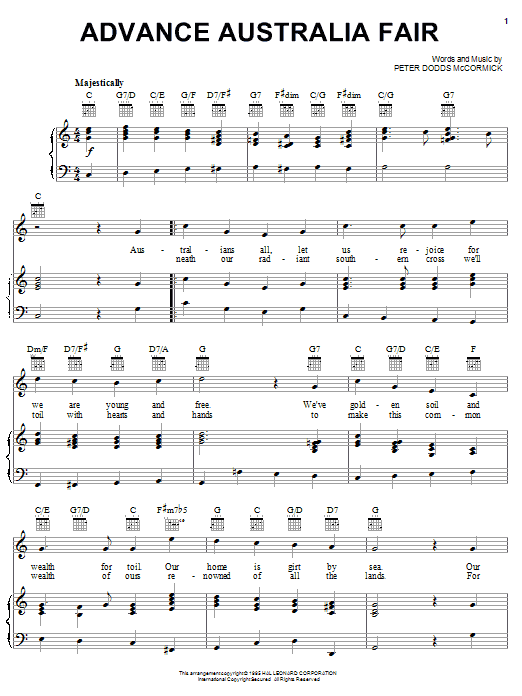 Learn to play Peter McCormick Advance Australia Fair (Australian National Anthem) sheet music for Piano, Vocal & Guitar (Right-Hand Melody) in minutes. Peter McCormick Advance Australia Fair (Australian National Anthem) sheet music notes and chords. Download Printable PDF.